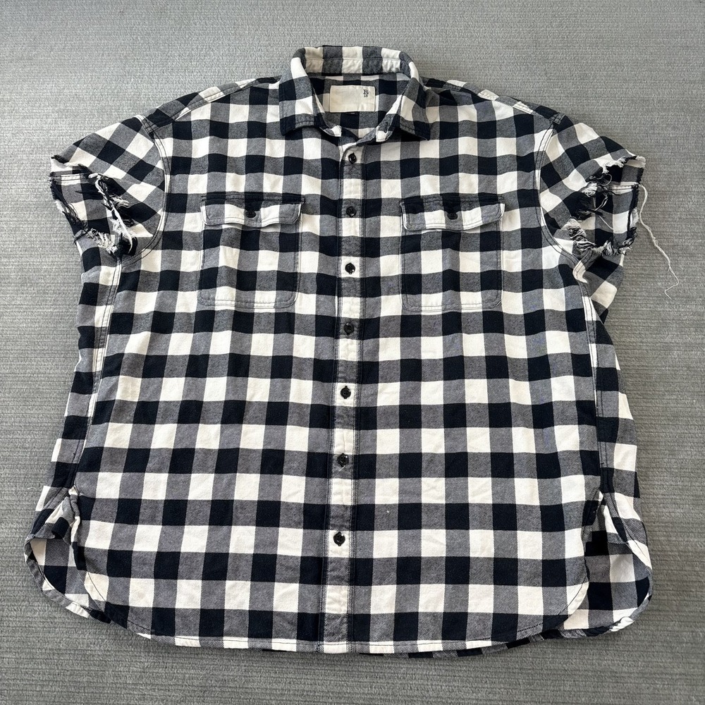 R13 Oversized Cut Off Button Down Shirt L Black Plaid Grunge Indie Punk Unisex